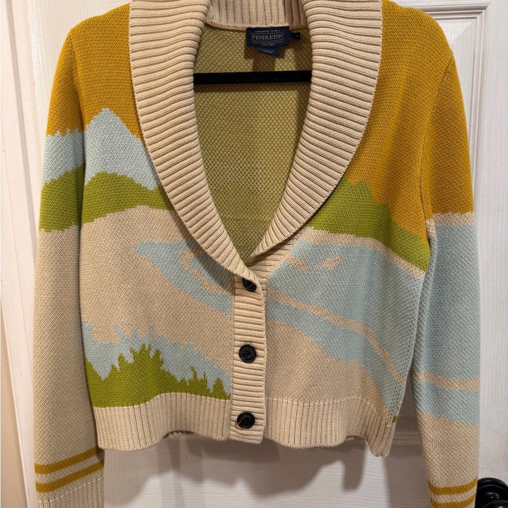 Pendleton Women's Shawl Collar Cardigan in Cream, Yellow, and Green